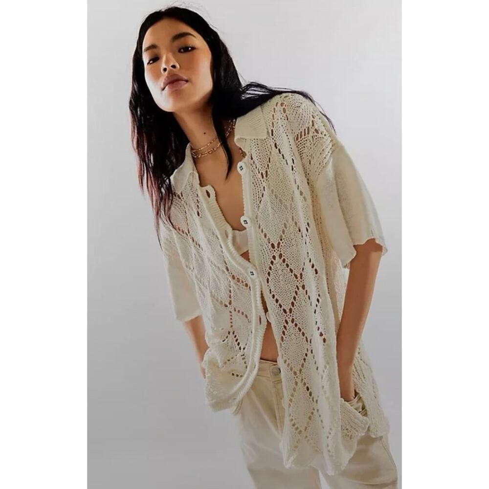 Free People We The Free All Love Linen Club Knit Shirt SZ M Heirloom Collection
